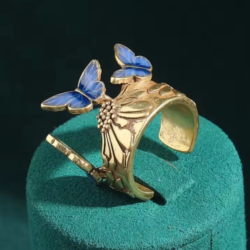 Celestial Antique Blue Butterfly Floral Ring